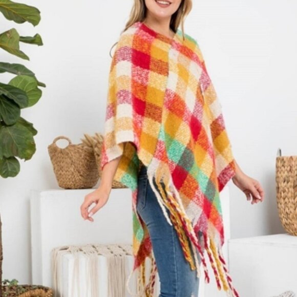 MULTI COLOR PLAID PRINT PONCHO - SOFT - Picture 7 of 8